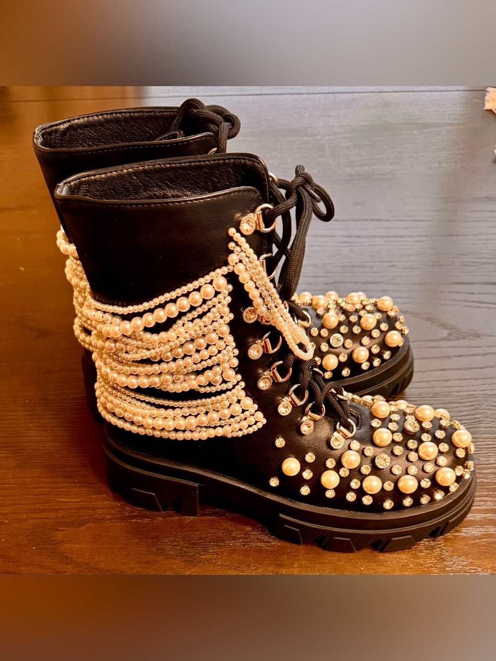 Azalea Wang Twinkley Black Pearl Rhinestone Combat Boots Size 8